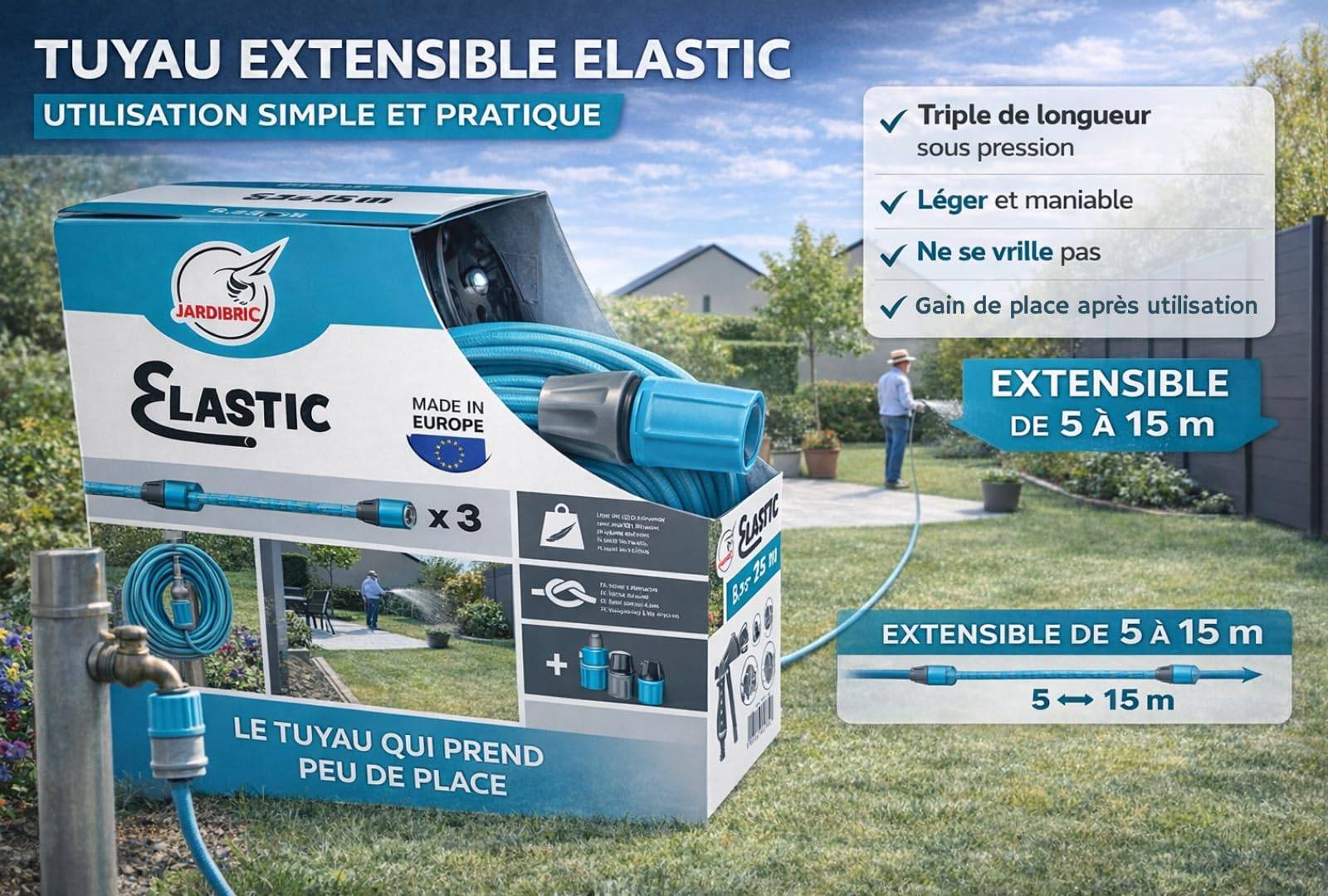 Jardibric - Jardibric - Kit Tuyau Extensible pour Arrosage - 5 à 15 m - Tuyau Élastique avec Raccords - Jardin - Image 2