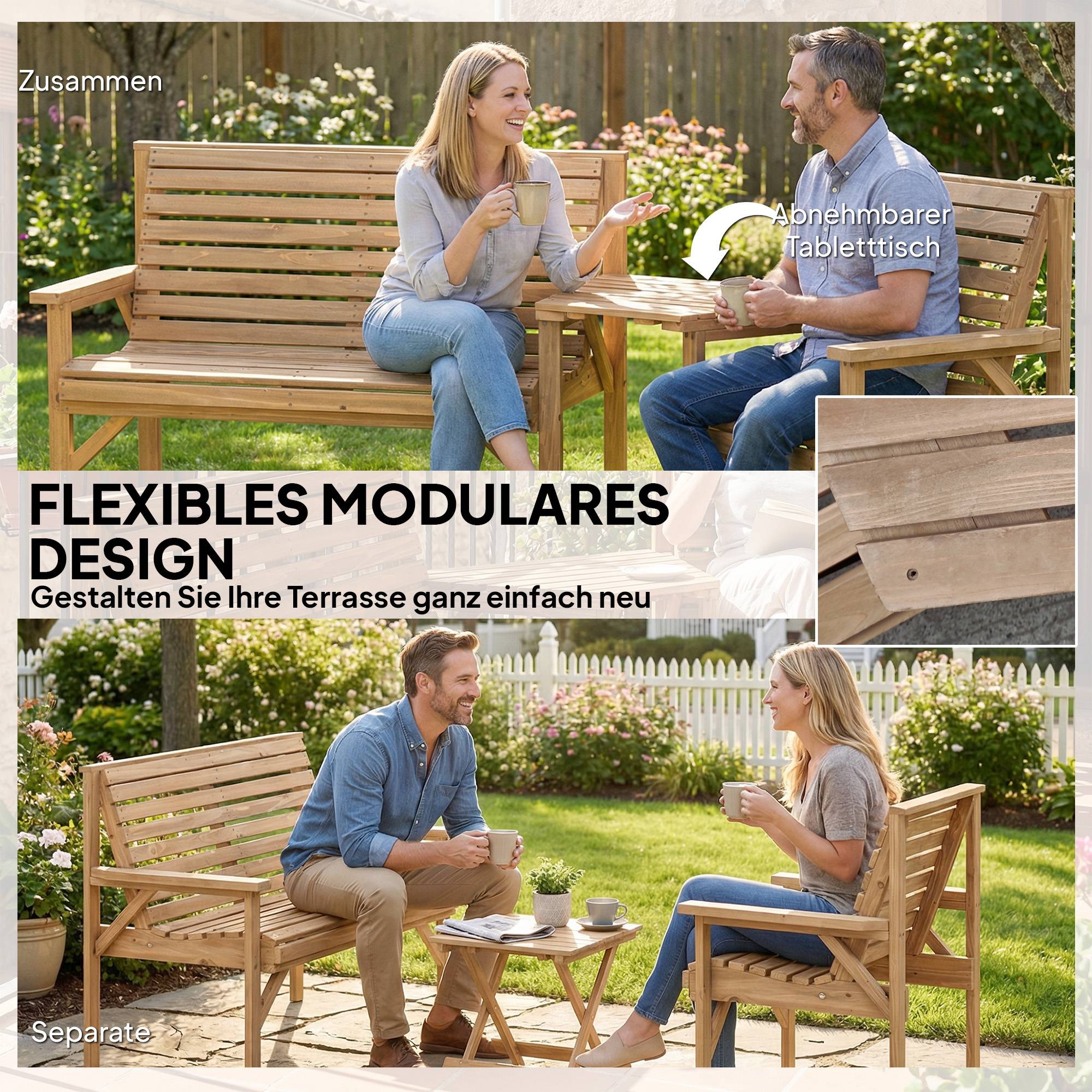 Ensemble de 3 chaises de jardin en bois avec trou de parasol, banc et table amovible, dimensions 121x65x90 cm - Image 4