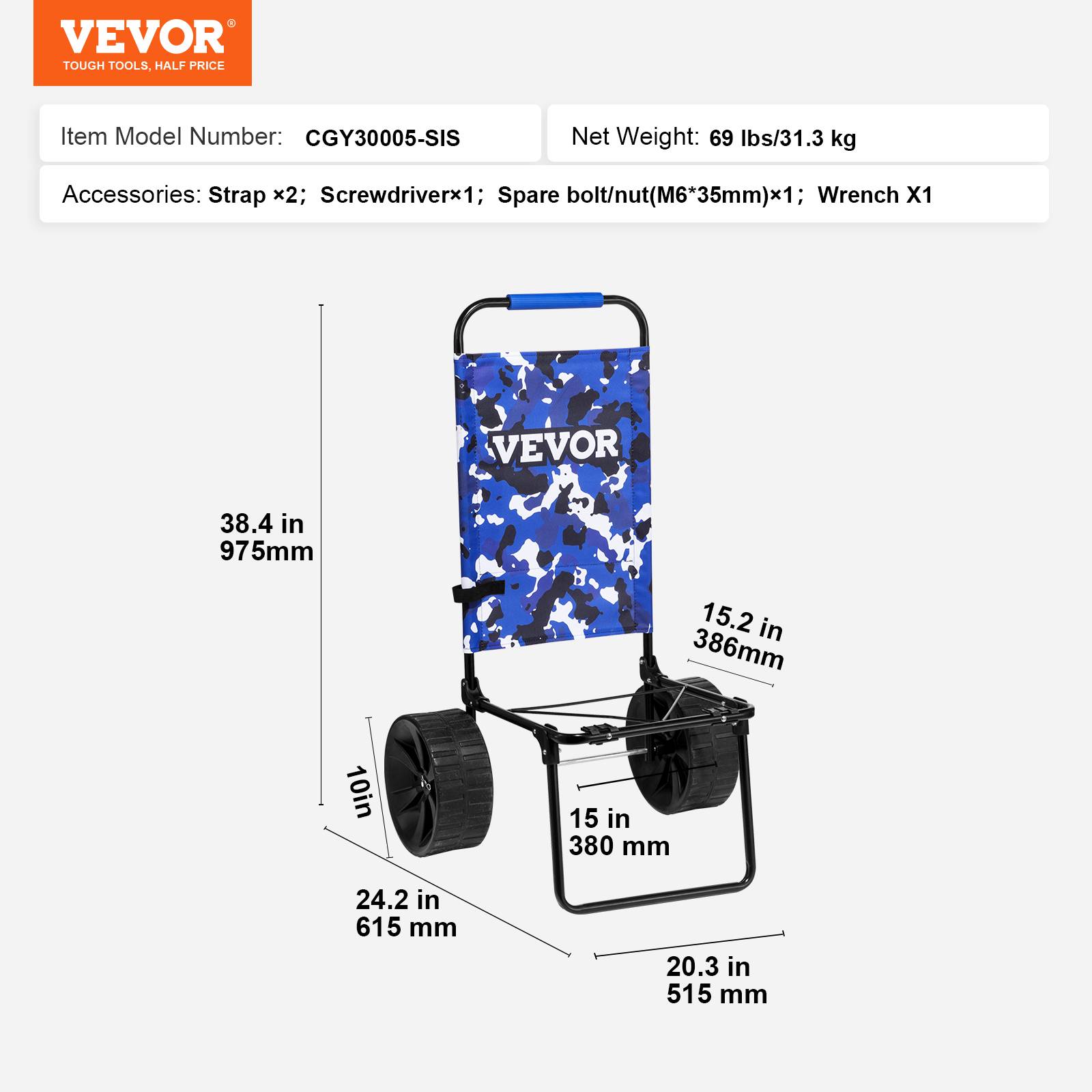 VEVOR Chariot plage grandes roues sable, charge 31 kg, roues PE 254 mm. Pliable, pour pique-nique, camping. - Image 7