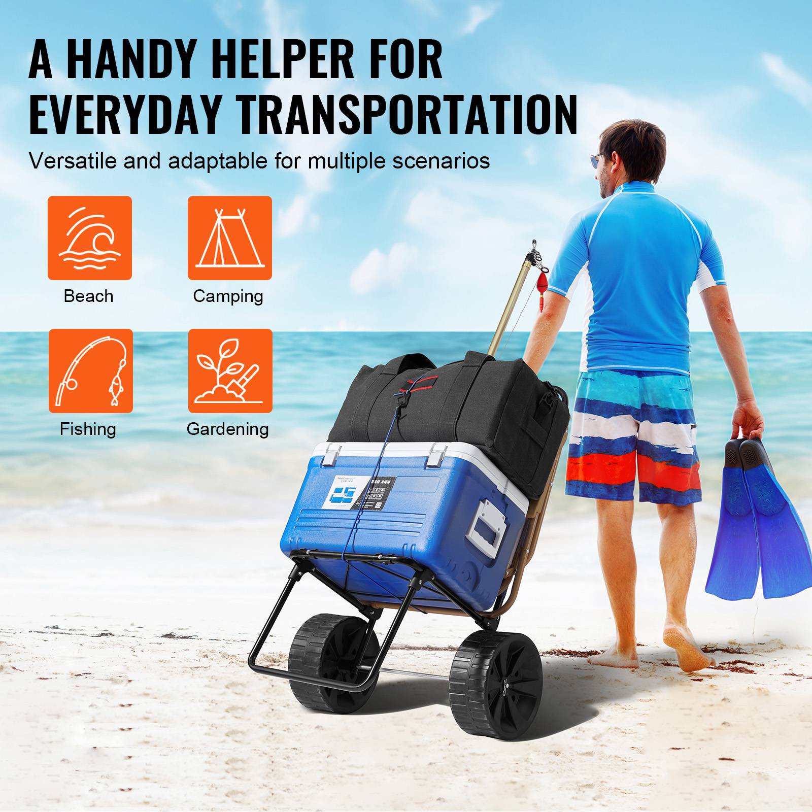 VEVOR Chariot plage grandes roues sable, charge 31 kg, roues PE 254 mm. Pliable, pour pique-nique, camping. - Image 6
