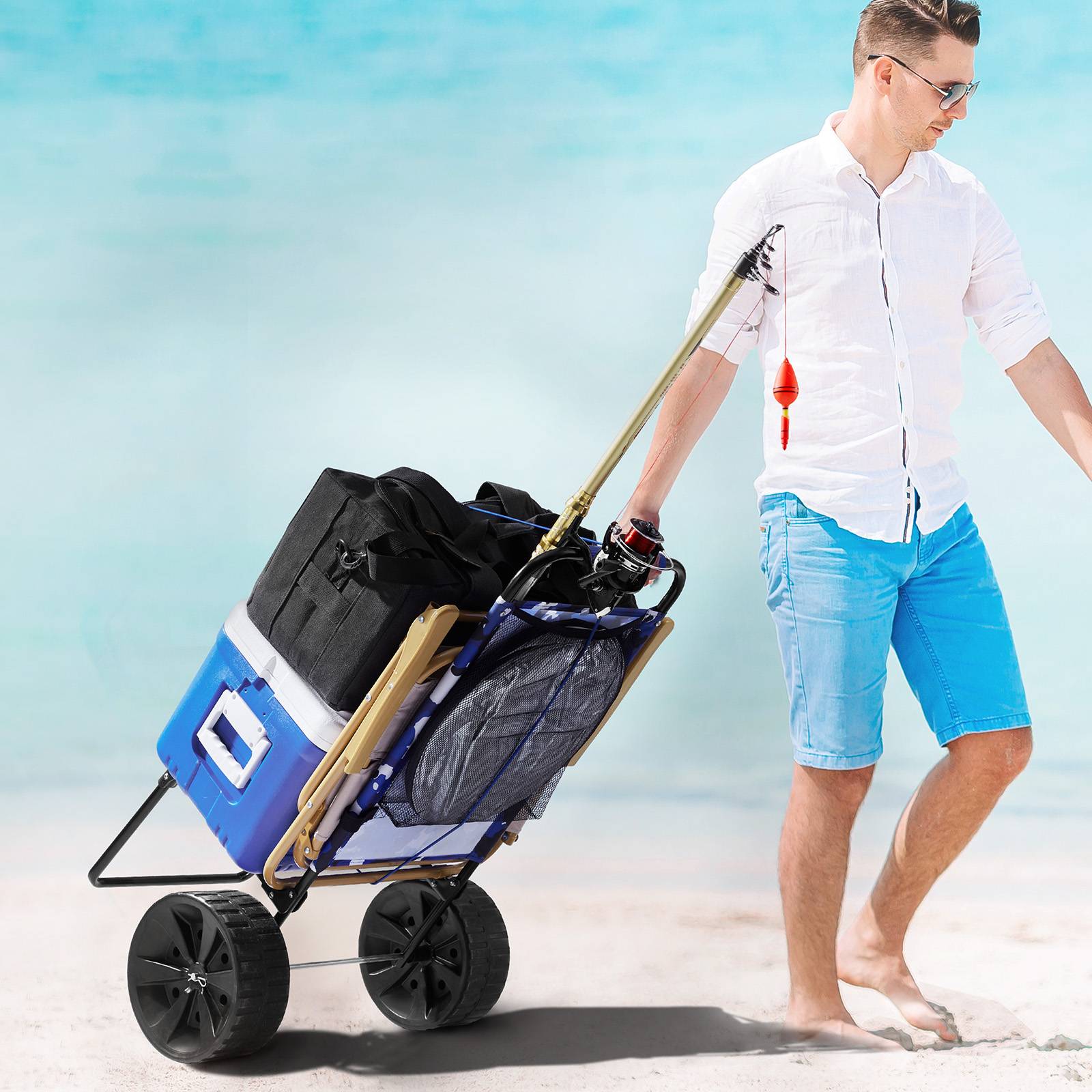 VEVOR Chariot plage grandes roues sable, charge 31 kg, roues PE 254 mm. Pliable, pour pique-nique, camping. - Image 8
