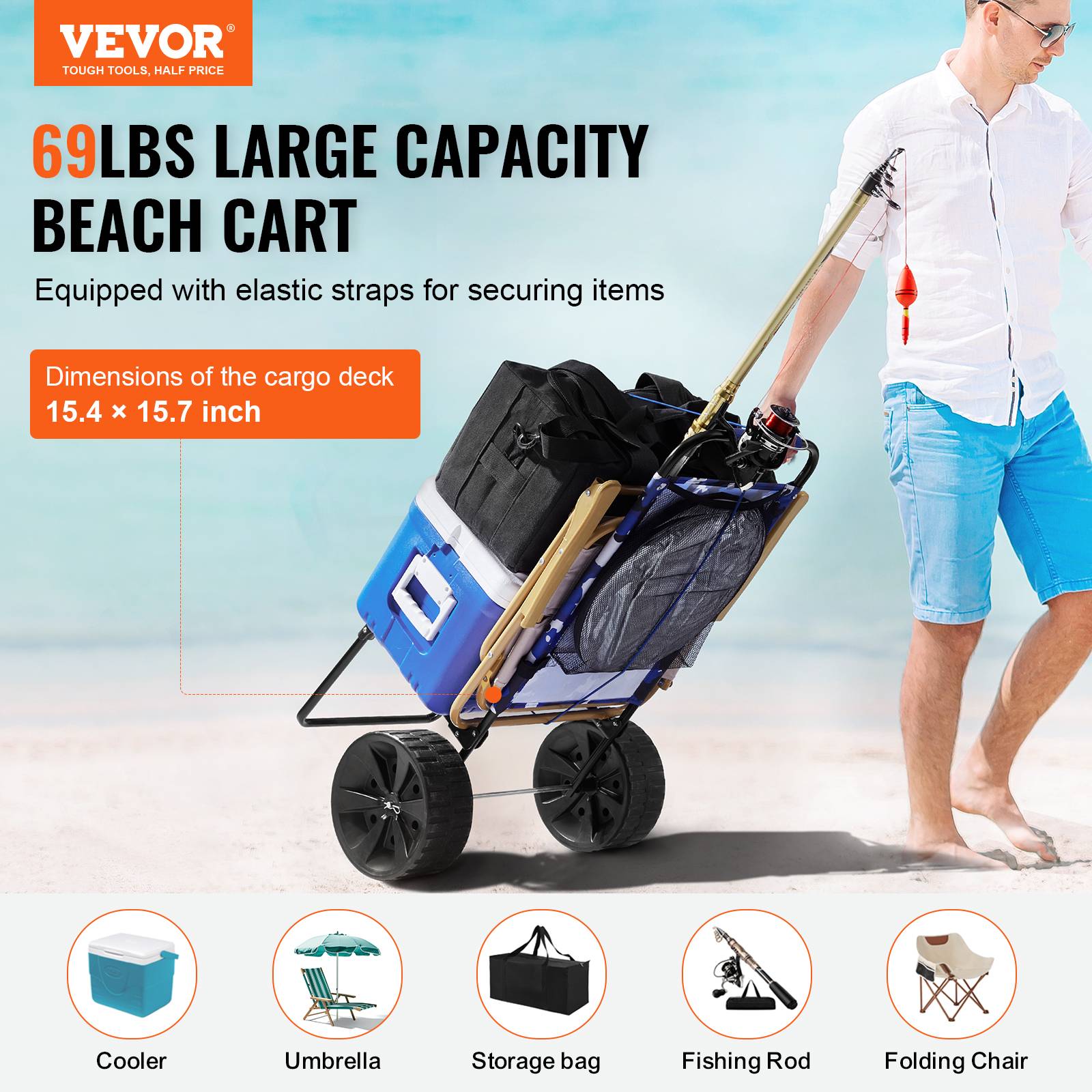 VEVOR Chariot plage grandes roues sable, charge 31 kg, roues PE 254 mm. Pliable, pour pique-nique, camping. - Image 2
