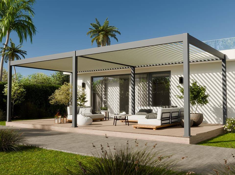 Pergola Bioclimatique Aluminium Autoportée 32m² - 4x8m - Kit LED Inclus - Anthracite - 50 lames en Aluminium a 120 degrés - Imagen 2