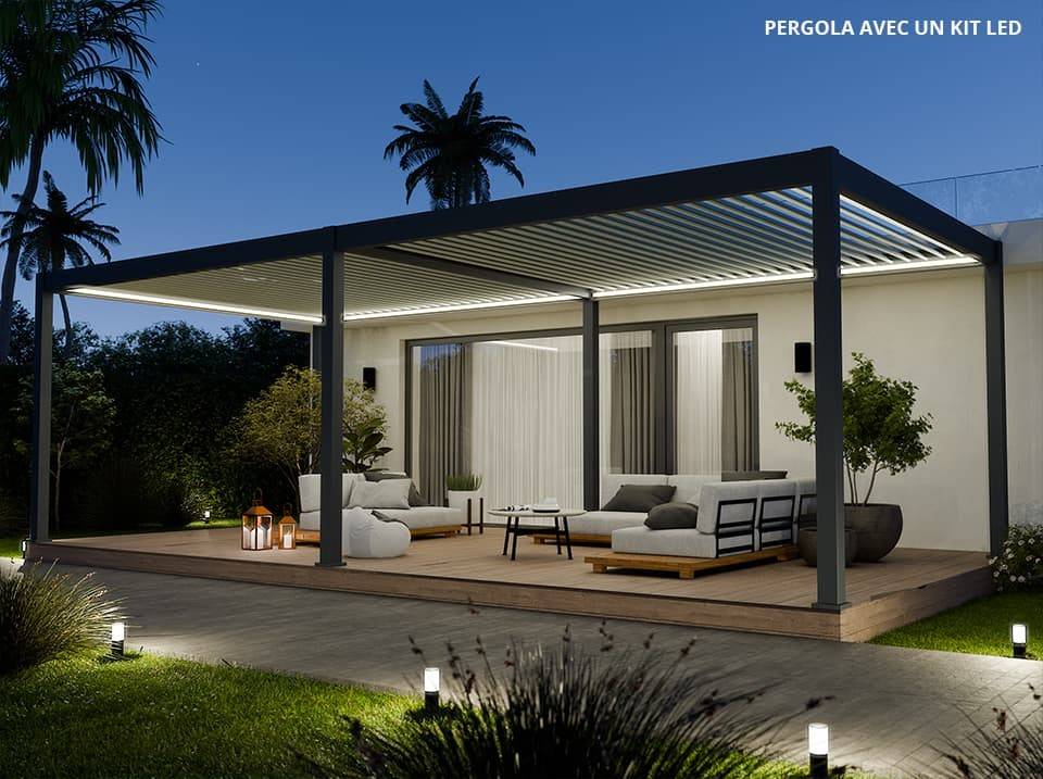 Pergola Bioclimatique Aluminium Autoportée 32m² - 4x8m - Kit LED Inclus - Anthracite - 50 lames en Aluminium a 120 degrés - Imagen 1