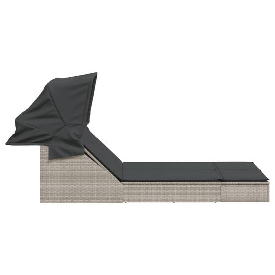 Chaise longue | Transat | Bain de soleil double avec auvent et coussins gris clair rotin - Image 4