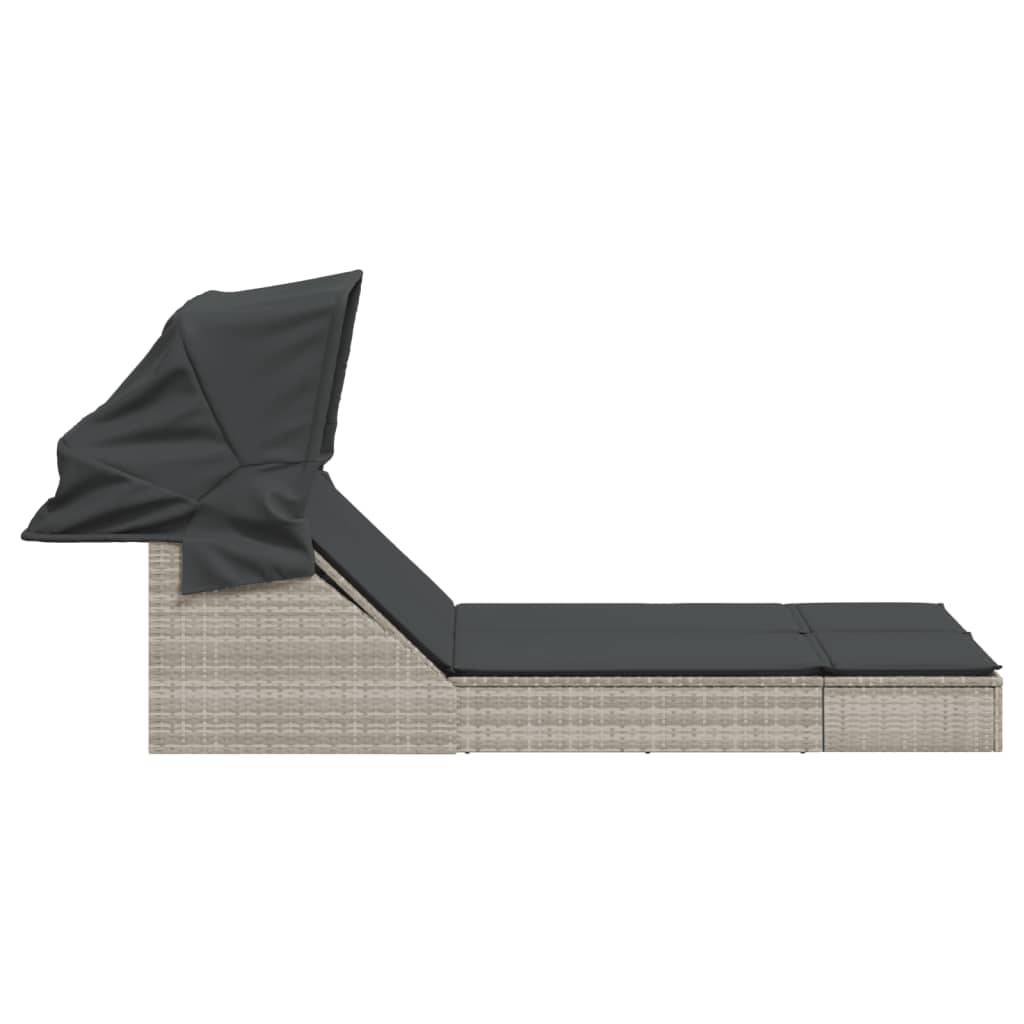 Chaise longue | Transat | Bain de soleil double avec auvent et coussins gris clair rotin - Image 4