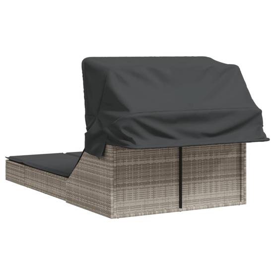 Chaise longue | Transat | Bain de soleil double avec auvent et coussins gris clair rotin - Image 5
