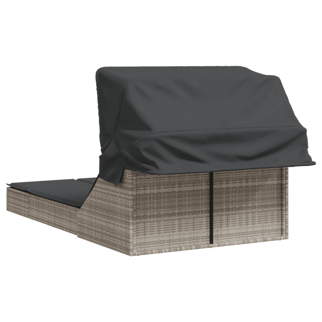 Chaise longue | Transat | Bain de soleil double avec auvent et coussins gris clair rotin - Image 5