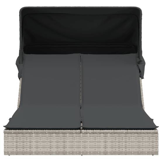 Chaise longue | Transat | Bain de soleil double avec auvent et coussins gris clair rotin - Image 3