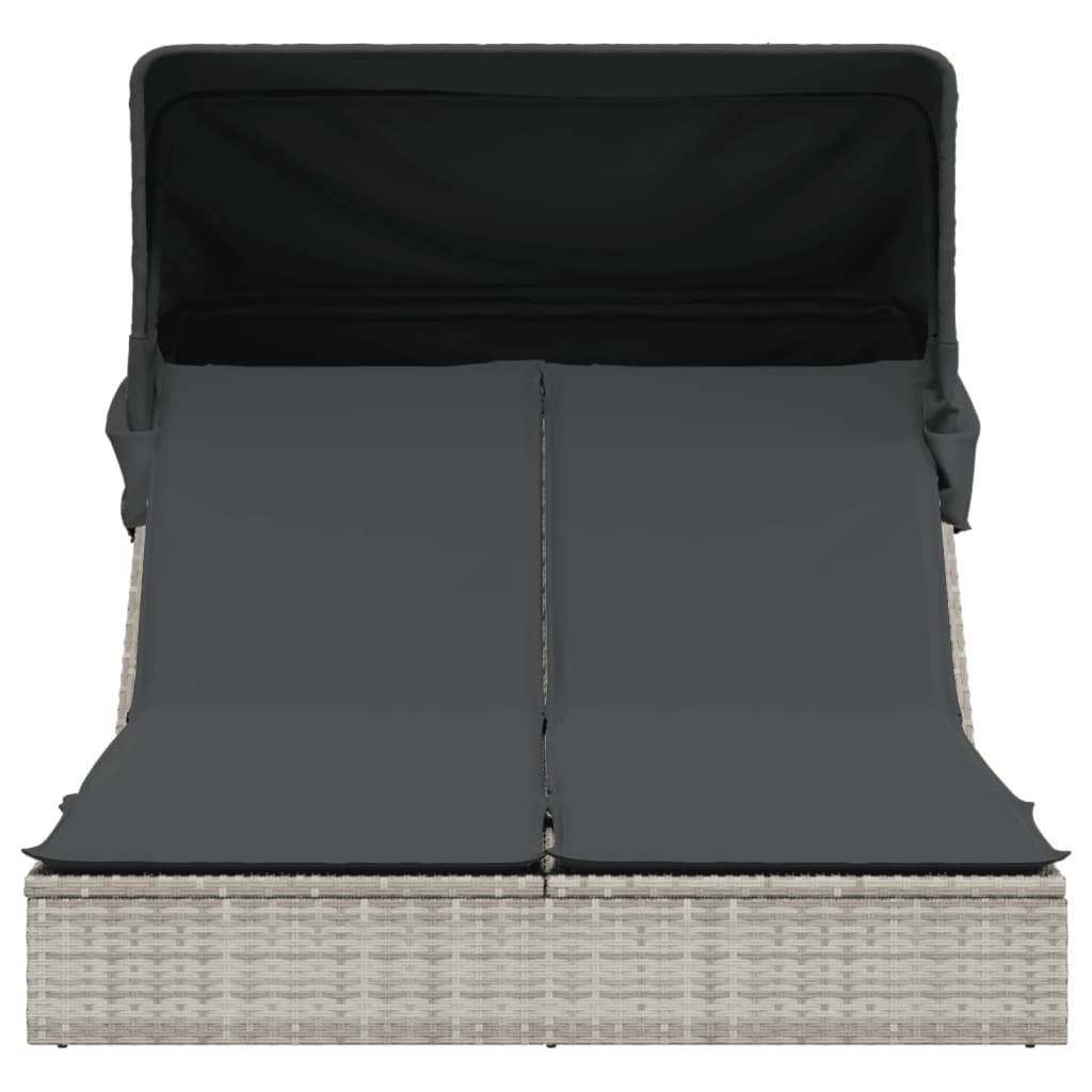 Chaise longue | Transat | Bain de soleil double avec auvent et coussins gris clair rotin - Image 3