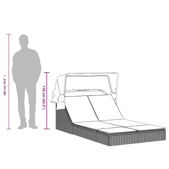 Chaise longue | Transat | Bain de soleil double avec auvent et coussins gris clair rotin - Image 9