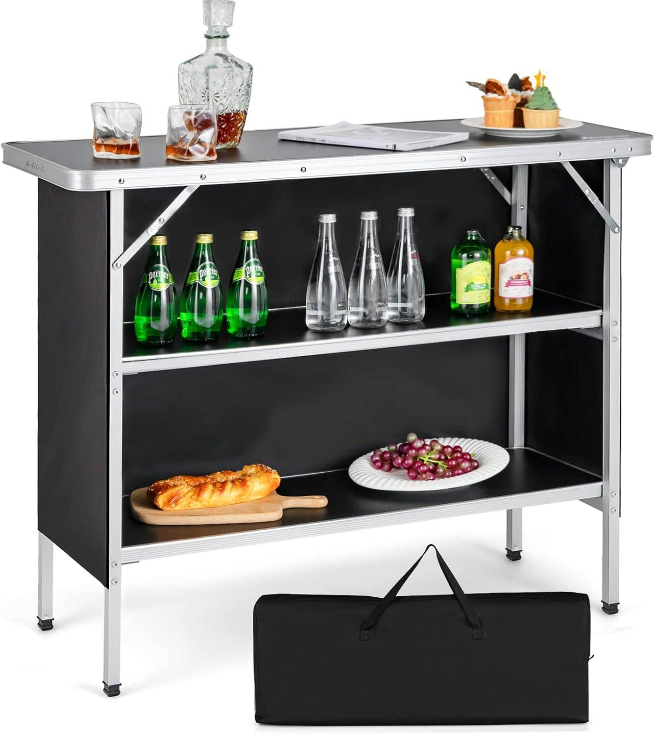 Costway - Table de camping pliante 110 x 38 x 88 cm-en Aluminium,Tissu Oxford-3 Étagères-Sac, Jardin, Noir - Image 1