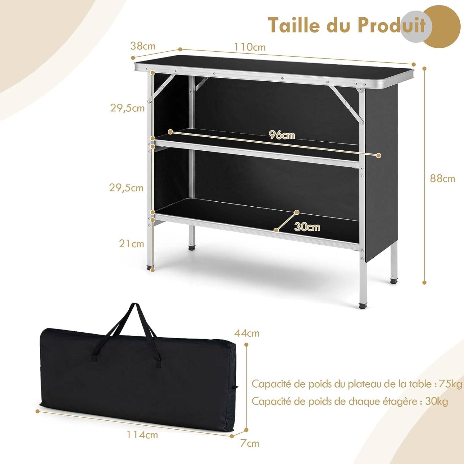 Costway - Table de camping pliante 110 x 38 x 88 cm-en Aluminium,Tissu Oxford-3 Étagères-Sac, Jardin, Noir - Image 5