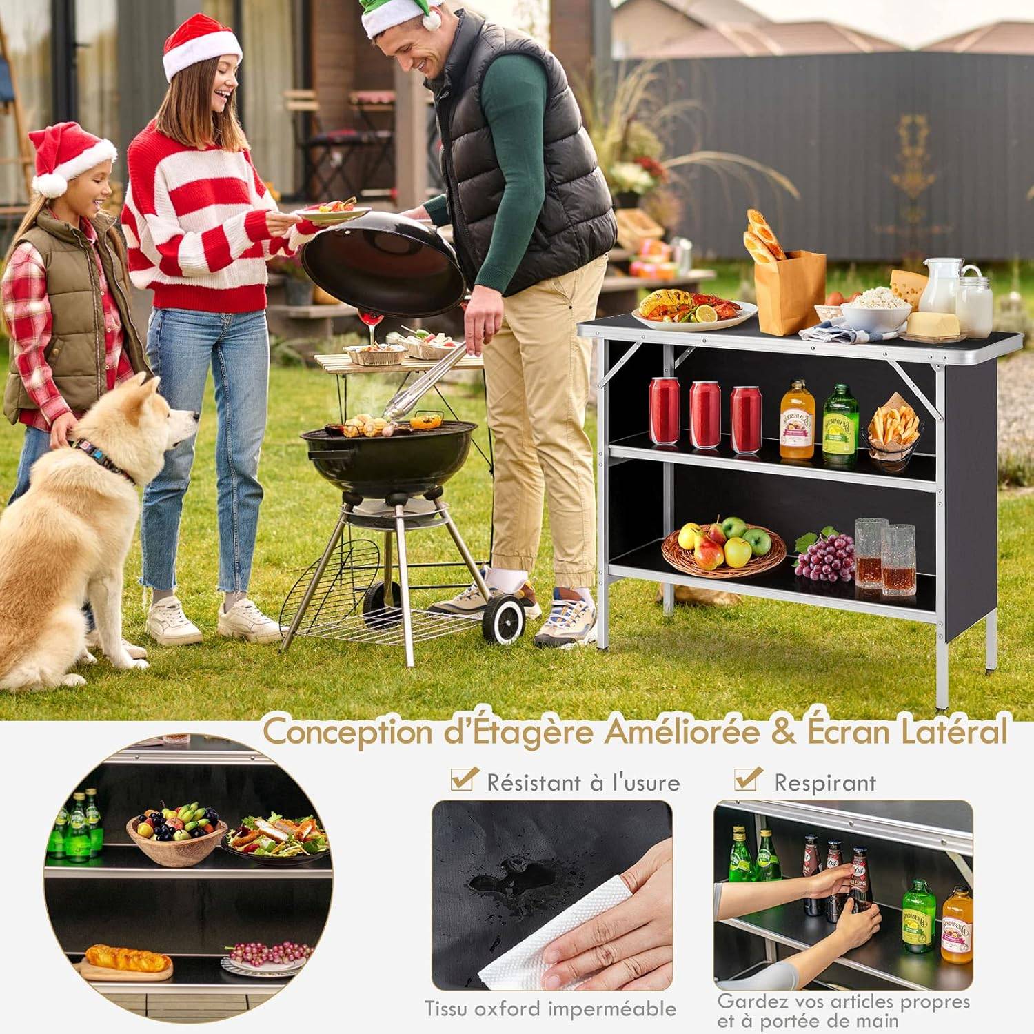 Costway - Table de camping pliante 110 x 38 x 88 cm-en Aluminium,Tissu Oxford-3 Étagères-Sac, Jardin, Noir - Image 4