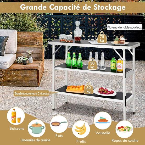 Costway - Table de camping pliante 110 x 38 x 88 cm-en Aluminium,Tissu Oxford-3 Étagères-Sac, Jardin, Noir - Image 3