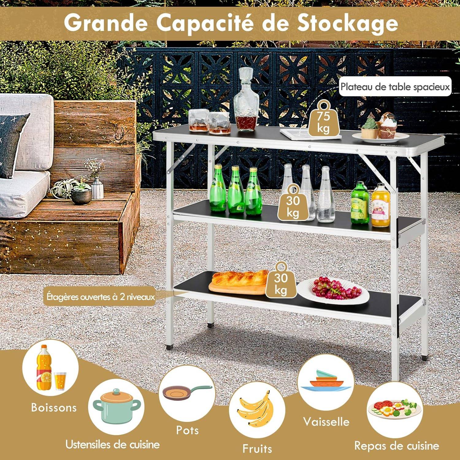 Costway - Table de camping pliante 110 x 38 x 88 cm-en Aluminium,Tissu Oxford-3 Étagères-Sac, Jardin, Noir - Image 3