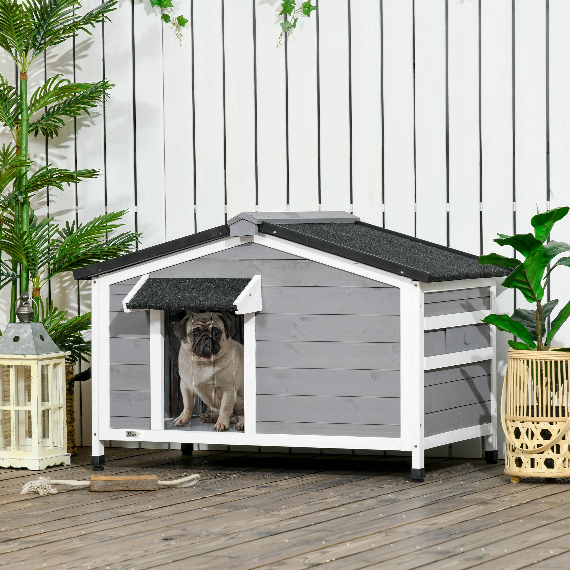 Niche en bois pour chien, maison pour animaux avec toit en asphalte et base amovible, 97 x 72 x 65 cm, grise - Image 3