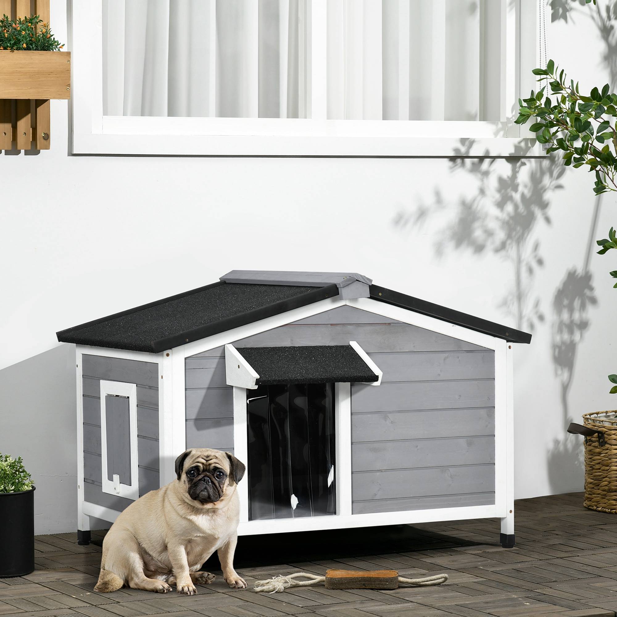 Niche en bois pour chien, maison pour animaux avec toit en asphalte et base amovible, 97 x 72 x 65 cm, grise - Image 4
