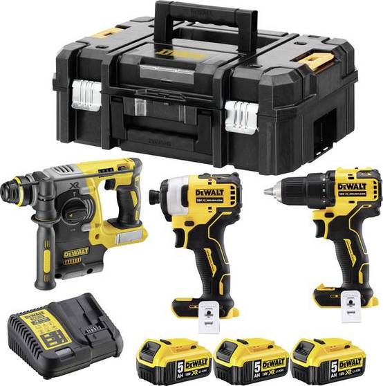 Kit 3 Outils XR 18V 5Ah Li-Ion brushless - spécial perçage - DEWALT - avec 3 batteries 18V 5.0Ah, chargeur - coffret - DCK377P3T - Image 1