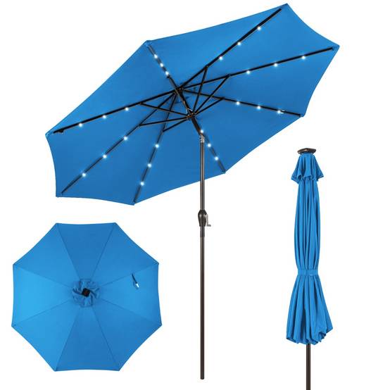 Parasol Inclinable Dia. 300 cm avec 24 Lumières LED Dolaire en Scier Toile Polyester pour Jardin et Terrasse Bleu - Image 1