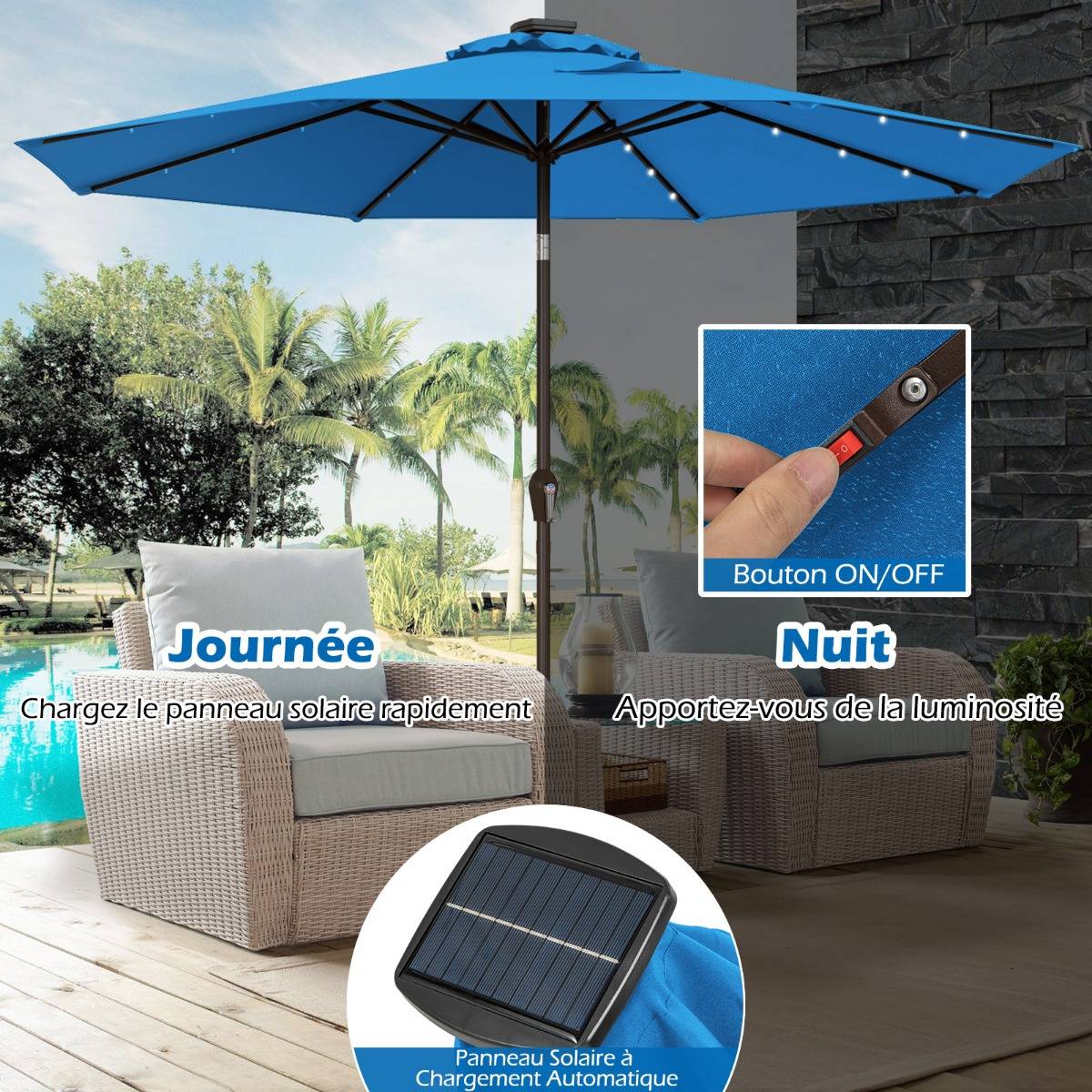 Parasol Inclinable Dia. 300 cm avec 24 Lumières LED Dolaire en Scier Toile Polyester pour Jardin et Terrasse Bleu - Image 7