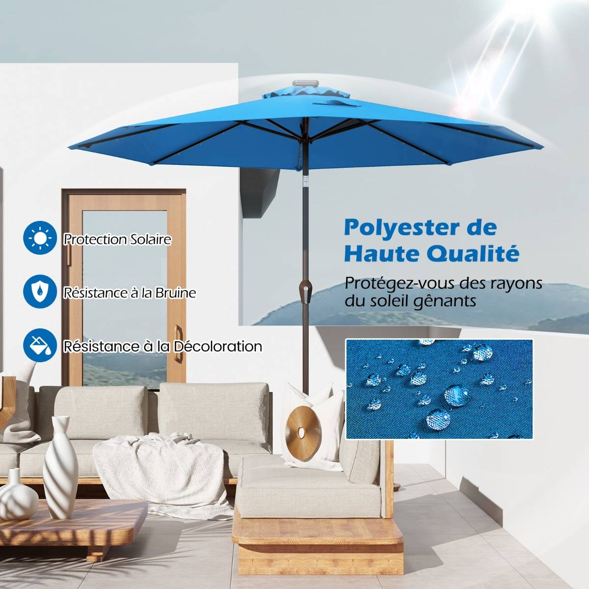 Parasol Inclinable Dia. 300 cm avec 24 Lumières LED Dolaire en Scier Toile Polyester pour Jardin et Terrasse Bleu - Image 5