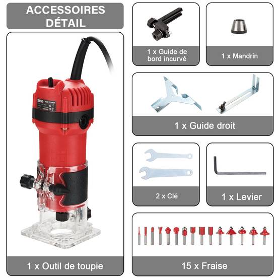 Défonceuse Affleureuse Électrique 800W 31000 RPM, Affleureuse à Bois Avec 15 Fraises à Défoncer Queue de 1/4", Base Fixe Mèches 6/6.35 mm - Image 2