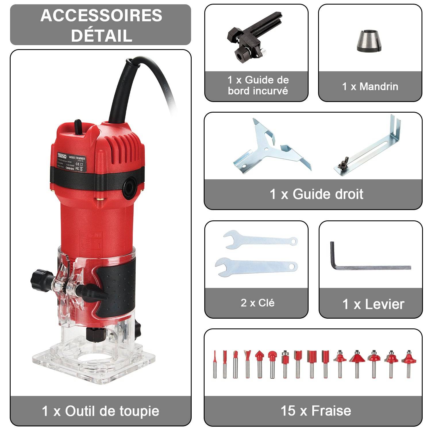 Défonceuse Affleureuse Électrique 800W 31000 RPM, Affleureuse à Bois Avec 15 Fraises à Défoncer Queue de 1/4", Base Fixe Mèches 6/6.35 mm - Image 2