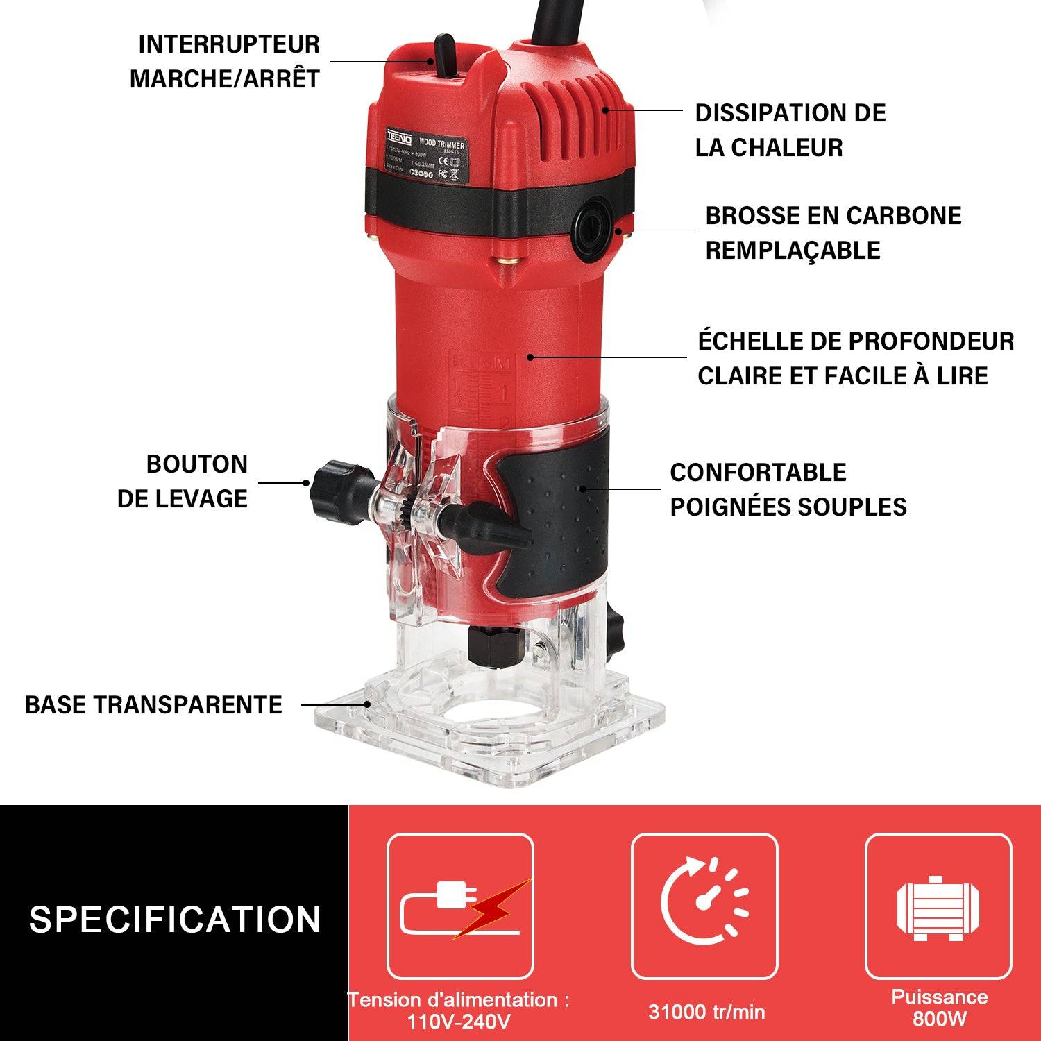 Défonceuse Affleureuse Électrique 800W 31000 RPM, Affleureuse à Bois Avec 15 Fraises à Défoncer Queue de 1/4", Base Fixe Mèches 6/6.35 mm - Image 5