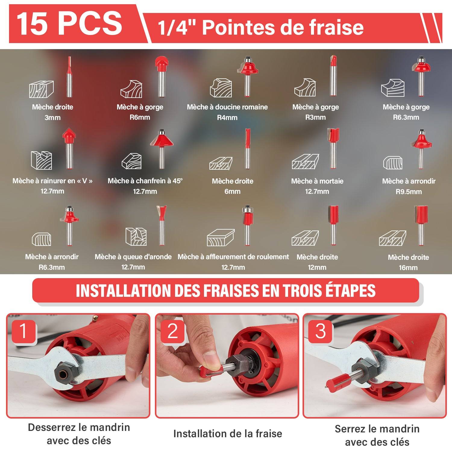 Défonceuse Affleureuse Électrique 800W 31000 RPM, Affleureuse à Bois Avec 15 Fraises à Défoncer Queue de 1/4", Base Fixe Mèches 6/6.35 mm - Image 4