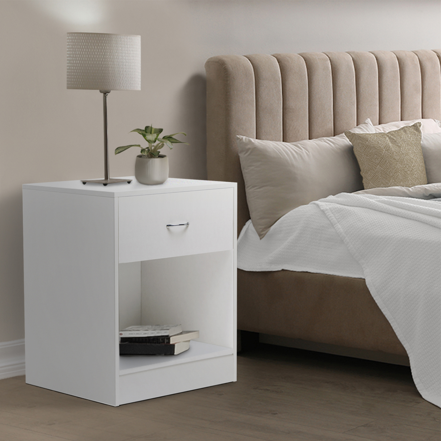 Lot de 2 tables de chevet OLGA 1 tiroir avec niche bois blanc - Image 1