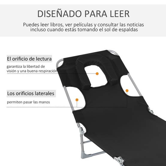 Fauteuil de jardin inclinable et pliable Tumbo avec trou de lecture, appui-tête et dossier réglable sur 5 positions pour Playa 182x56x28 cm Noir - Image 5