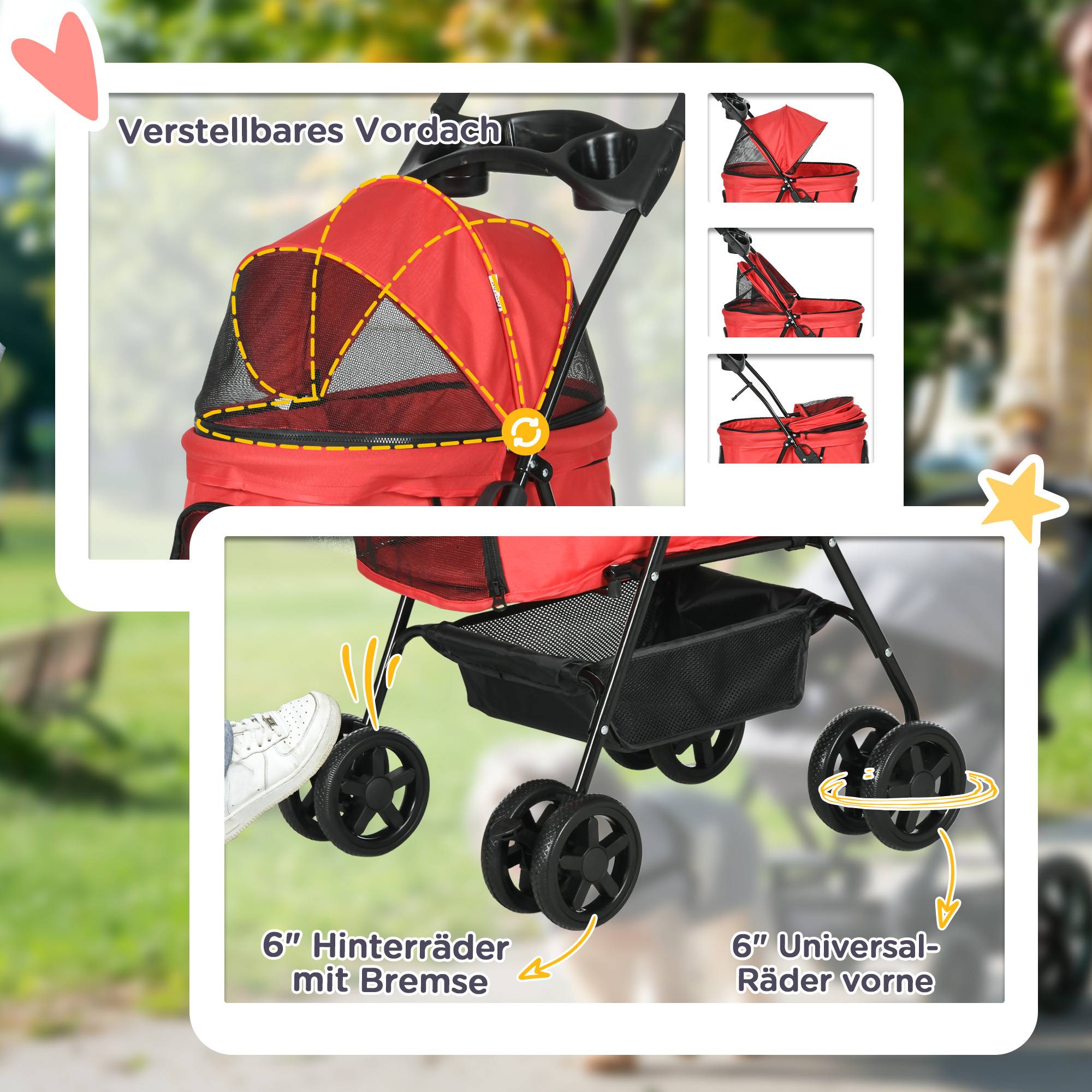 Poussette pour chien pliable Oxford rouge 67x45x96cm, adaptée petits chiens et chats - Image 6