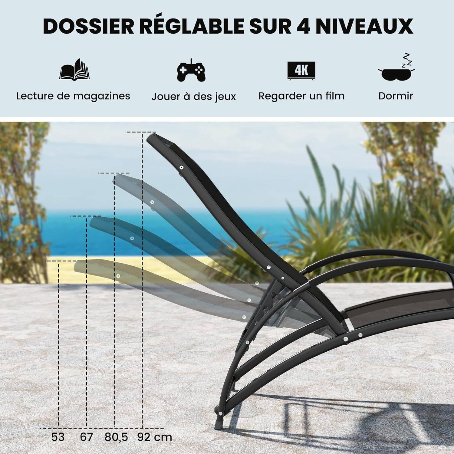 Costway - Chaise Longue de Jardin à Bascule 2 en 1, Fauteuil à Bascule avec Cadre en Aluminium, Dossier Réglable à 4 Positions, Charge 150 KG, Noir - Image 7