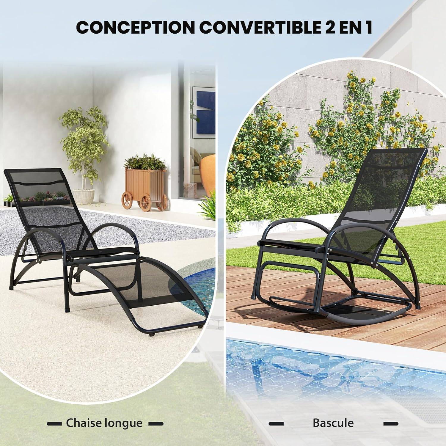 Costway - Chaise Longue de Jardin à Bascule 2 en 1, Fauteuil à Bascule avec Cadre en Aluminium, Dossier Réglable à 4 Positions, Charge 150 KG, Noir - Image 5