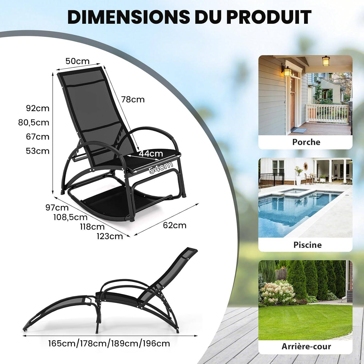 Costway - Chaise Longue de Jardin à Bascule 2 en 1, Fauteuil à Bascule avec Cadre en Aluminium, Dossier Réglable à 4 Positions, Charge 150 KG, Noir - Image 9