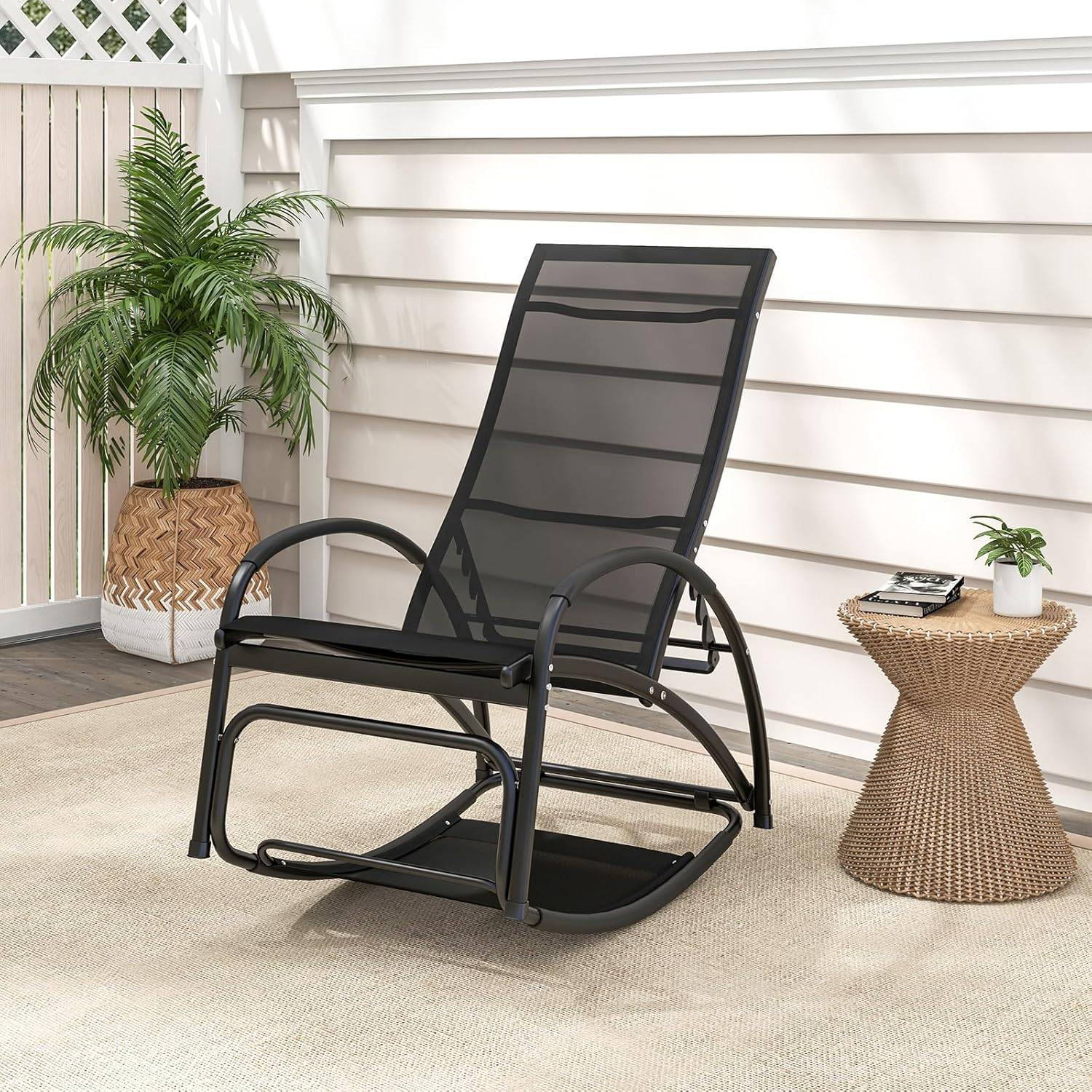 Costway - Chaise Longue de Jardin à Bascule 2 en 1, Fauteuil à Bascule avec Cadre en Aluminium, Dossier Réglable à 4 Positions, Charge 150 KG, Noir - Image 2