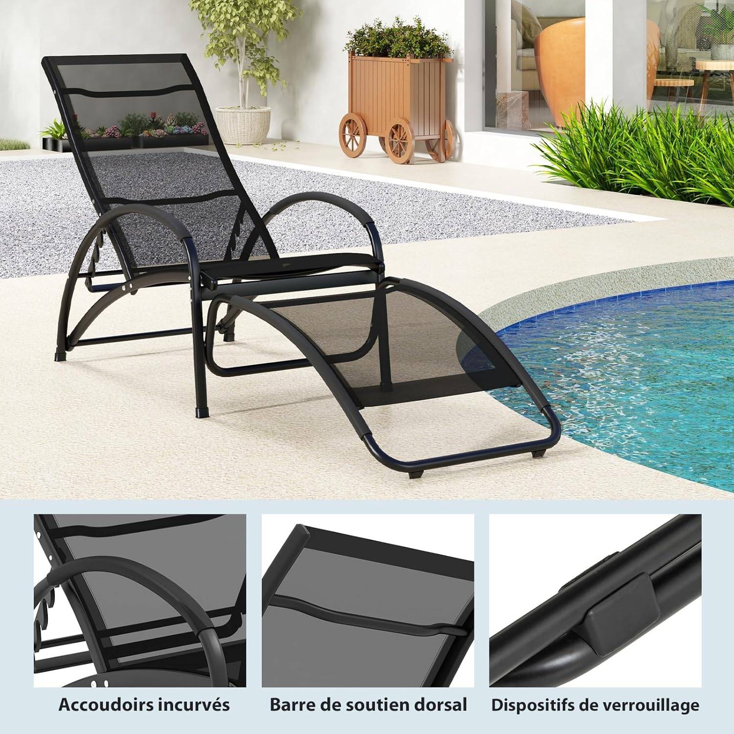 Costway - Chaise Longue de Jardin à Bascule 2 en 1, Fauteuil à Bascule avec Cadre en Aluminium, Dossier Réglable à 4 Positions, Charge 150 KG, Noir - Image 3