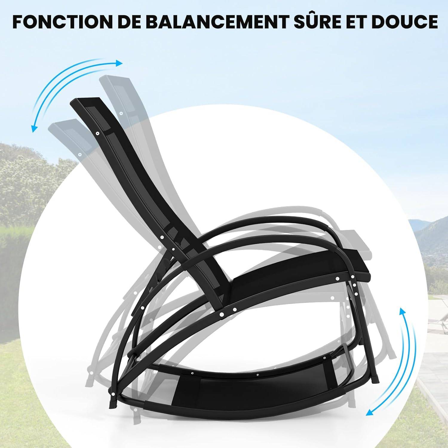 Costway - Chaise Longue de Jardin à Bascule 2 en 1, Fauteuil à Bascule avec Cadre en Aluminium, Dossier Réglable à 4 Positions, Charge 150 KG, Noir - Image 6