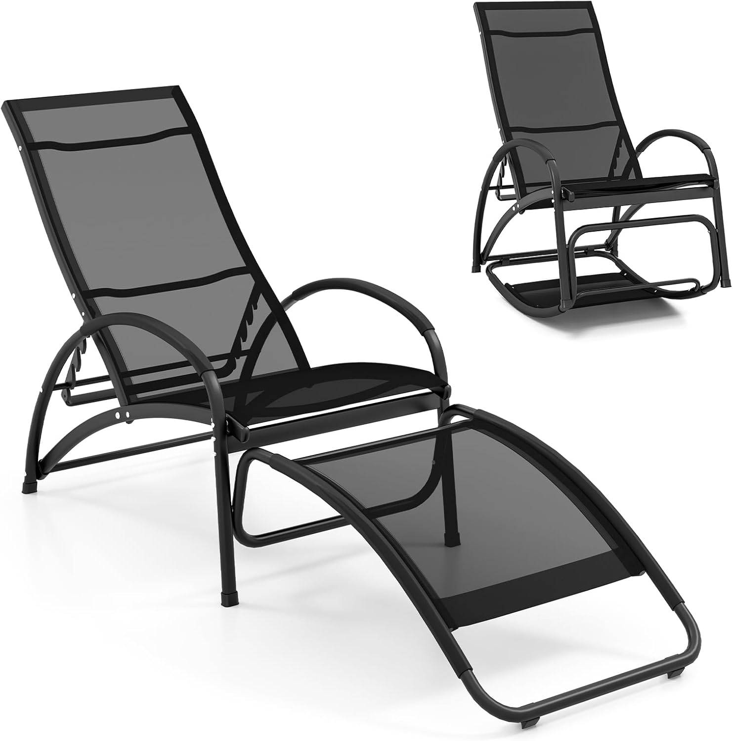 Costway - Chaise Longue de Jardin à Bascule 2 en 1, Fauteuil à Bascule avec Cadre en Aluminium, Dossier Réglable à 4 Positions, Charge 150 KG, Noir - Image 1