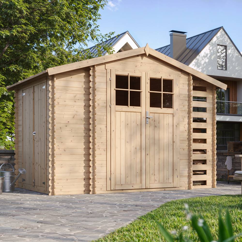 Timbela - Abri de jardin en bois et range bûches extérieur I206xL328xH218 cm / 3,53+0,97+0,97 m² avec sol traité - 19 mm d’épaisseur - Timbela M389F+M389G - Image 1