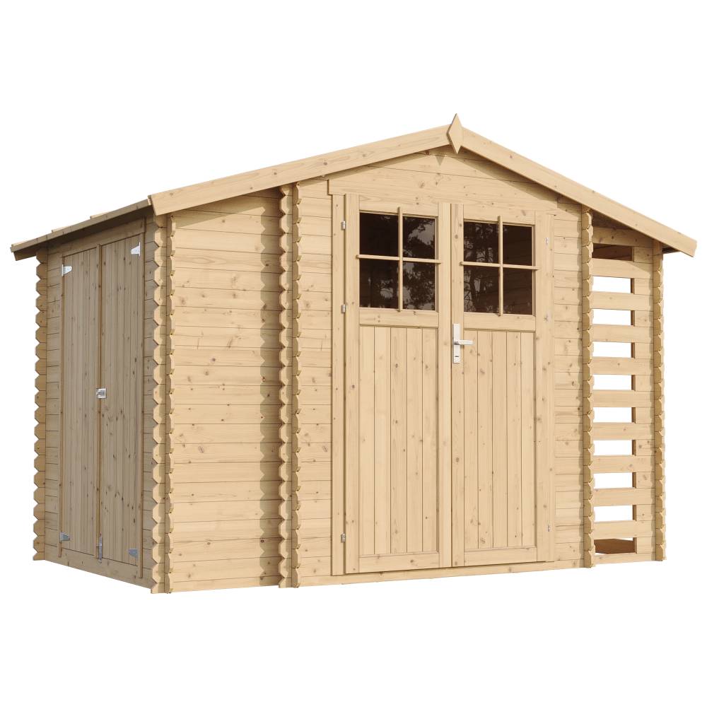 Timbela - Abri de jardin en bois et range bûches extérieur I206xL328xH218 cm / 3,53+0,97+0,97 m² avec sol traité - 19 mm d’épaisseur - Timbela M389F+M389G - Image 2