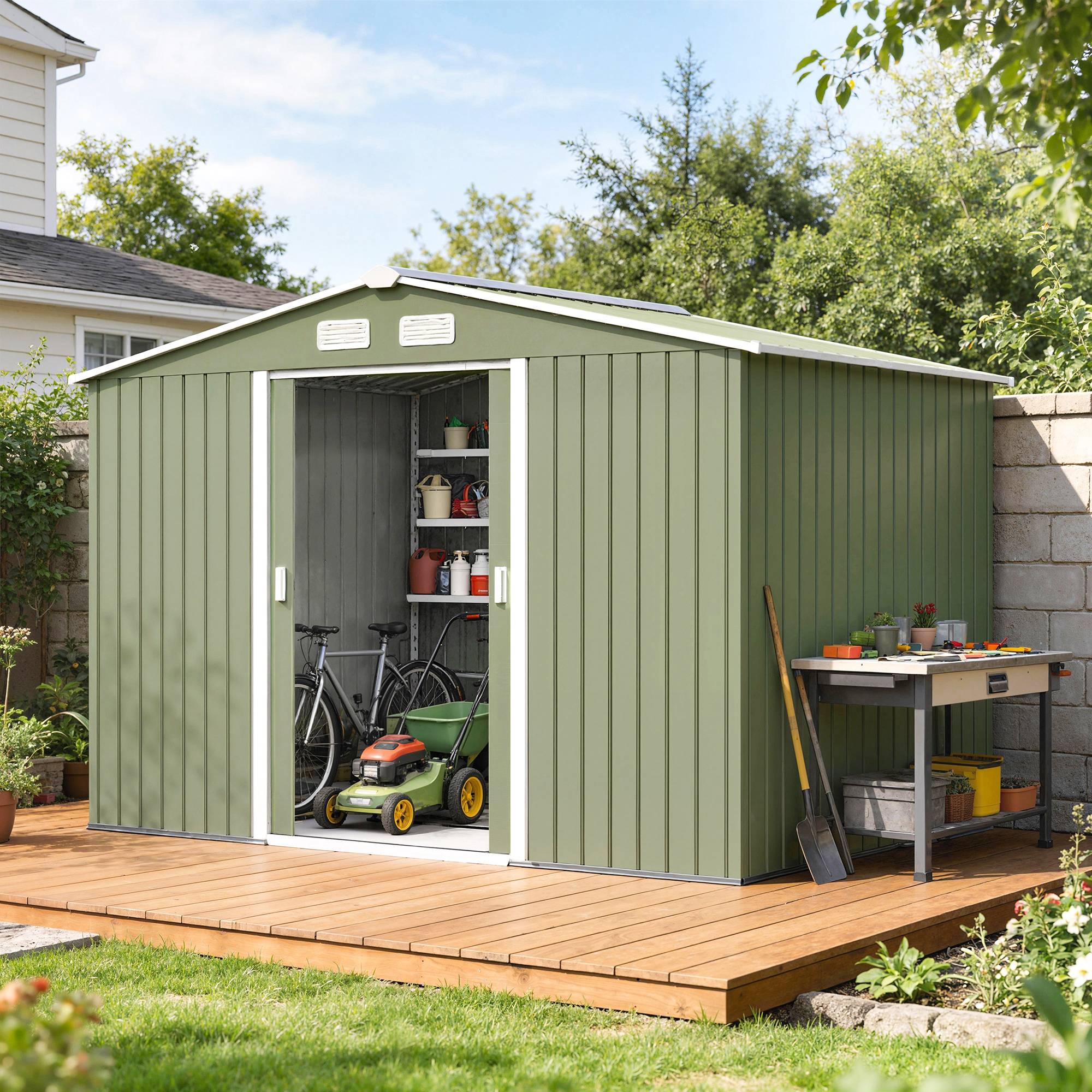 Abri de jardin 4,9 m² 277 x 195 x 192 cm avec 2 portes coulissantes, base renforcée (plancher non inclus), vert clair - Image 3