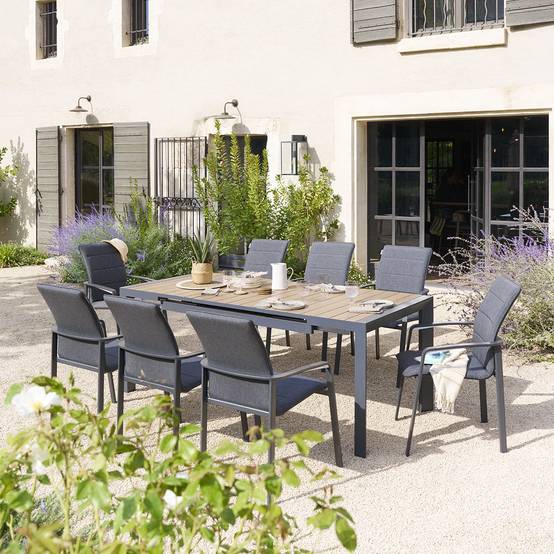 Hesperide - Table de jardin extensible "Évasion" effet bois honey & graphite 8 places lates en aluminium Hespéride - Image 1