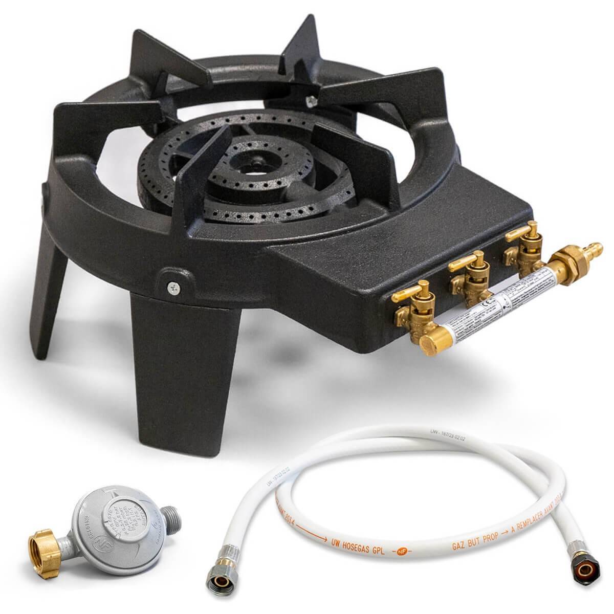 Rechaud gaz fonte véritable 9.8 KW 4 pieds 3 robinets + Tuyau gaz 1.50m et Détendeur Butane - Imagen 1