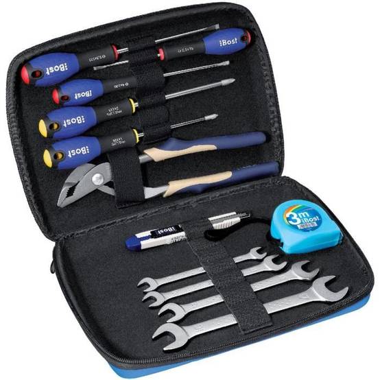 Trousse BOST Expert - 12 Outils : 4 Clés à fourche + 5 tournevis + 1 pince + 1 cutter + 1 mètre - 889310