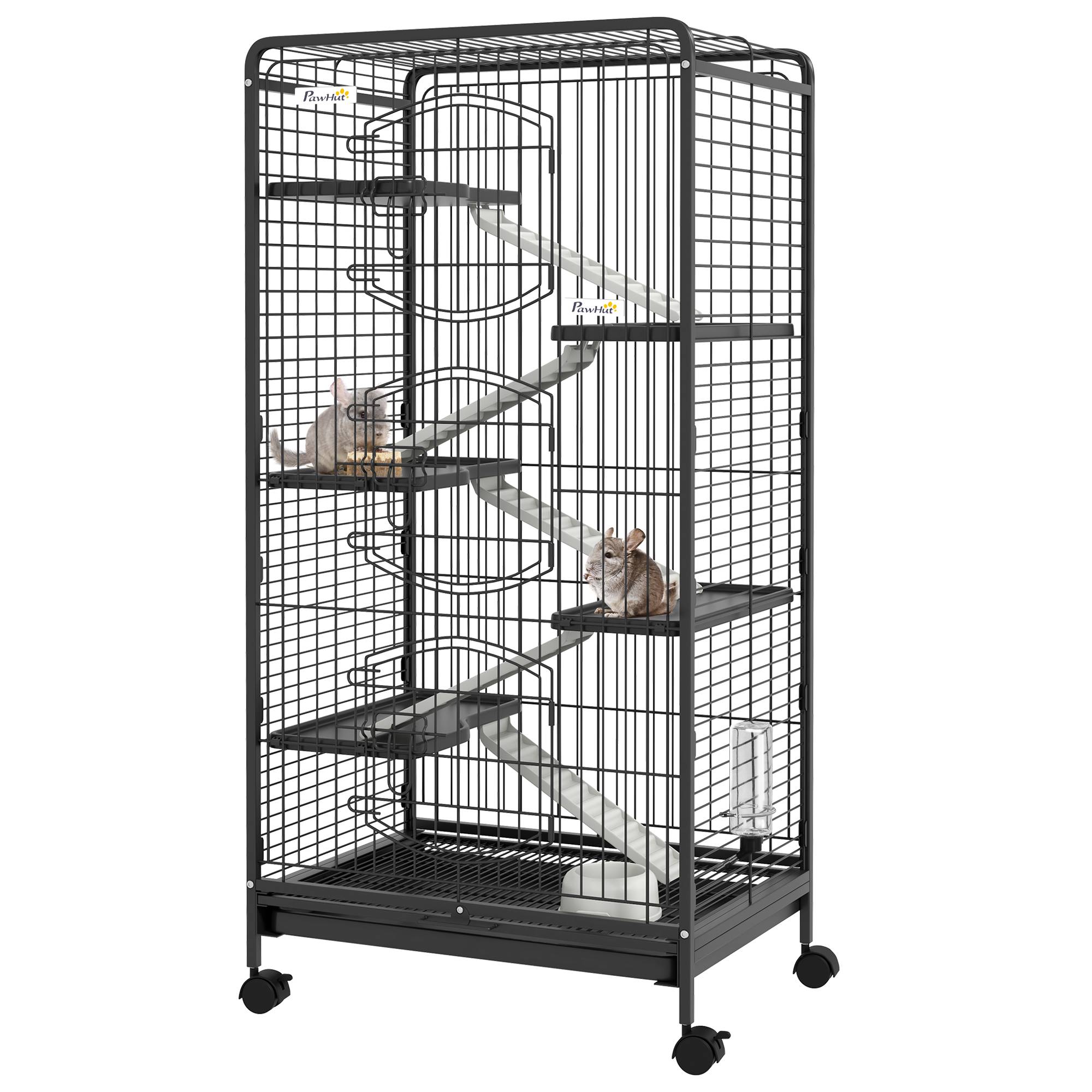 Pawhut - Cage pour petits animaux roulante 5 rampes 5 plateformes gamelle distributeur eau plateau amovible métal PP noir - Imagen 1