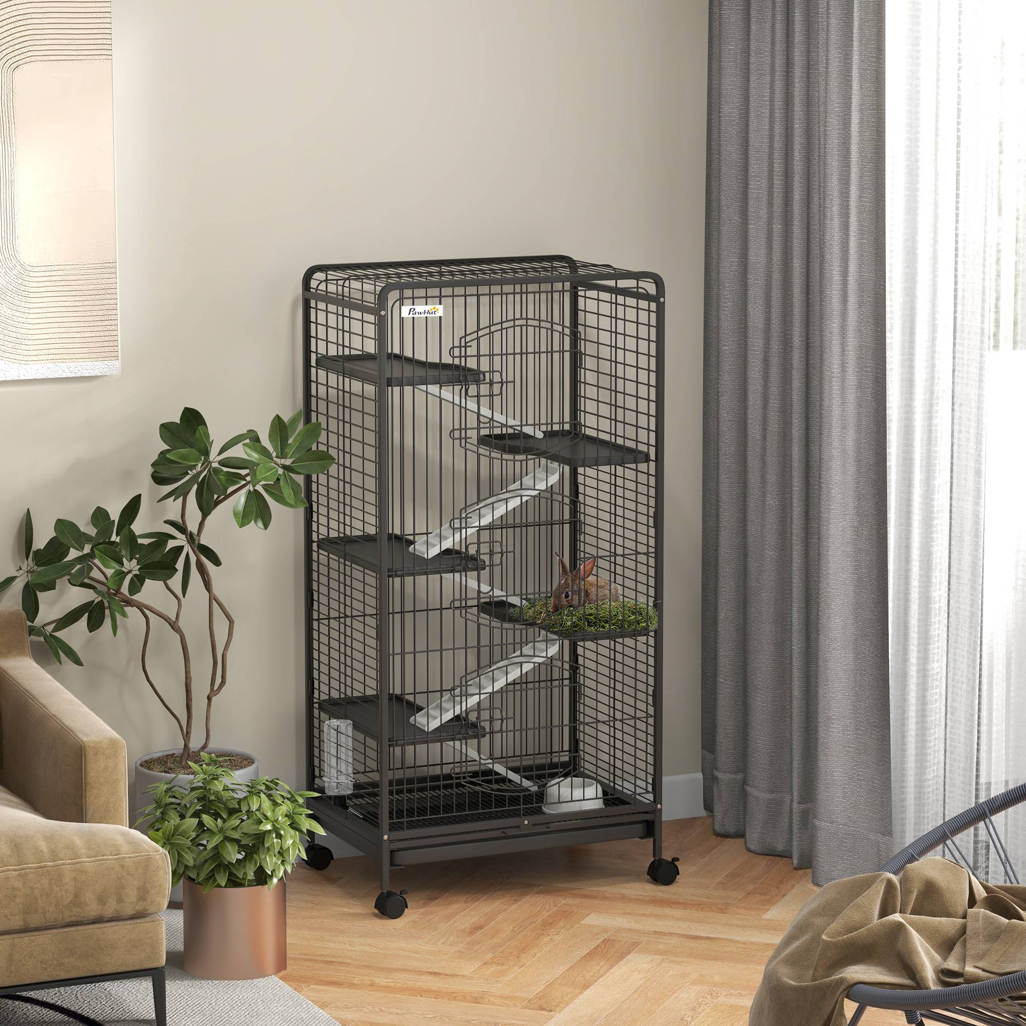 Pawhut - Cage pour petits animaux roulante 5 rampes 5 plateformes gamelle distributeur eau plateau amovible métal PP noir - Imagen 2