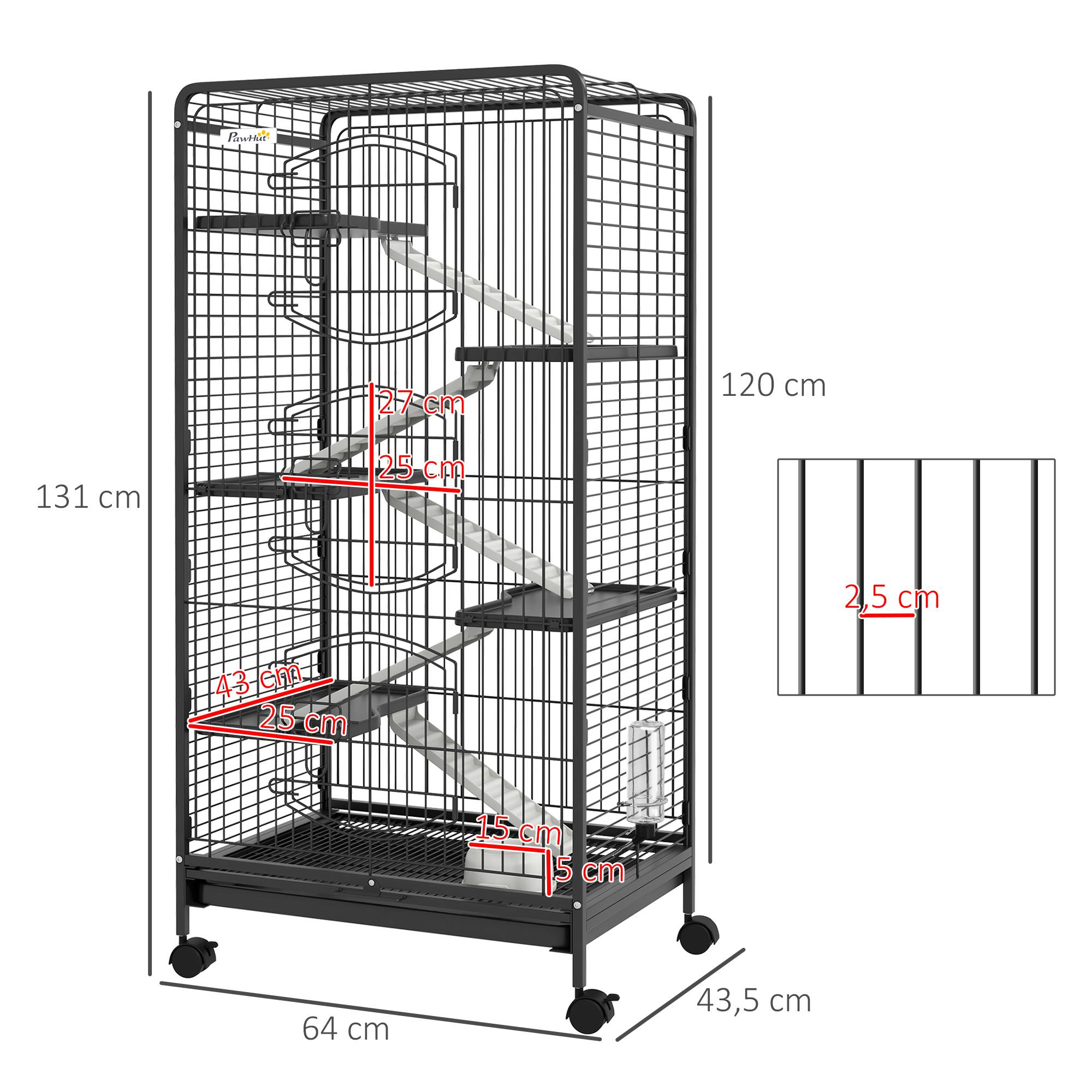 Pawhut - Cage pour petits animaux roulante 5 rampes 5 plateformes gamelle distributeur eau plateau amovible métal PP noir - Imagen 3