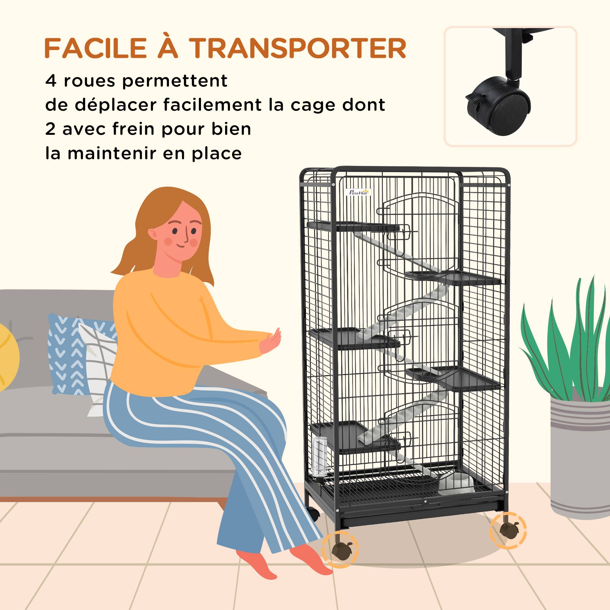 Pawhut - Cage pour petits animaux roulante 5 rampes 5 plateformes gamelle distributeur eau plateau amovible métal PP noir - Imagen 5